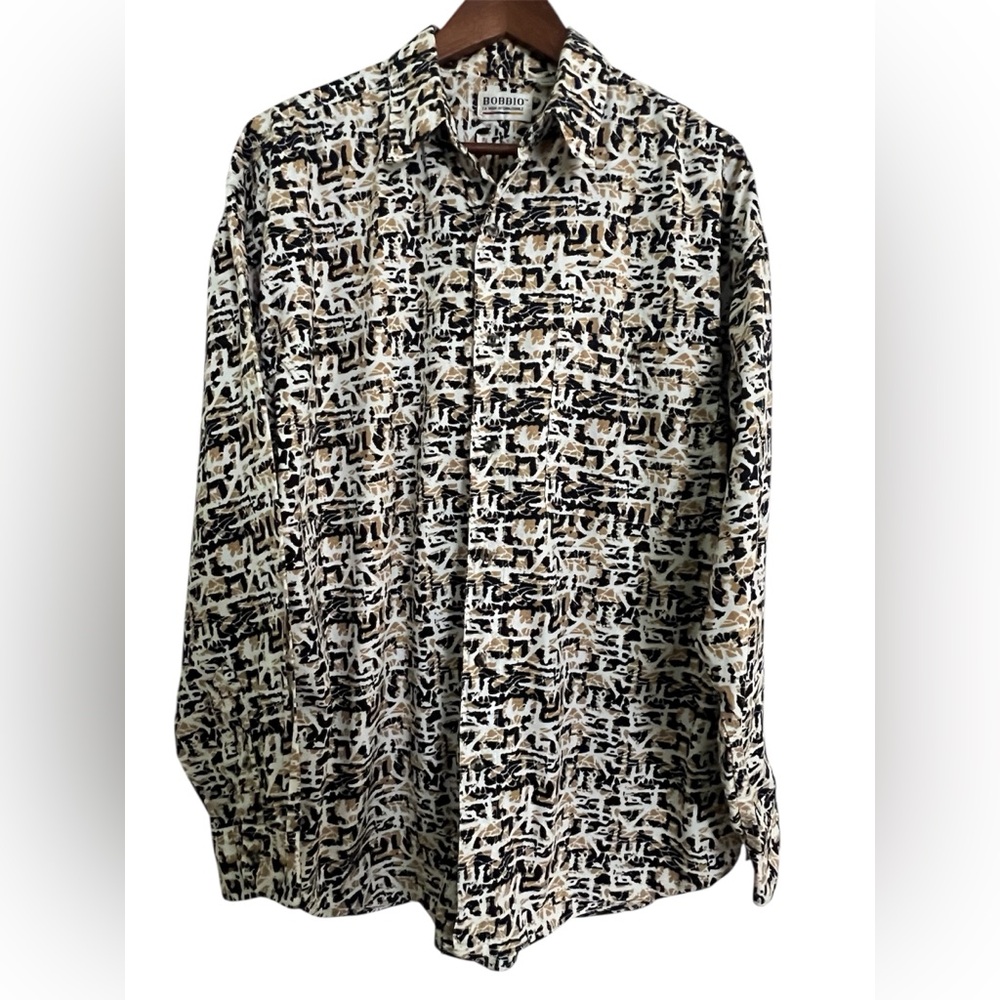 Bobbio Men's Patterned Button Down Cotton Shirt Black, Brown and White, Size L